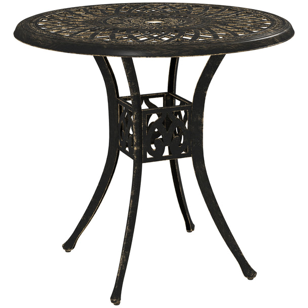 Bronze-tone Ø78 cm round cast aluminium garden bistro table with cut-out top and parasol hole