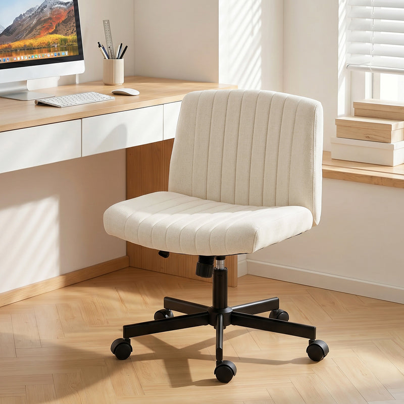 HOMCOM Imitation Linen Criss Cross Legged Desk Chair, Armless Office Chair with Wheels, Cream – view 2
