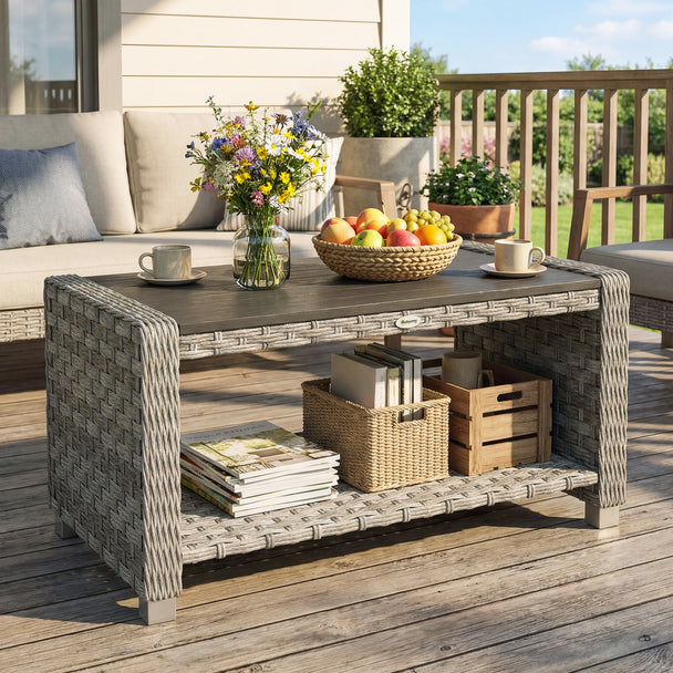 Outsunny Outdoor Coffee Table with Storage Shelf, PE Rattan Side Table with Slatted Top and Foot Pads, Grey – view 2