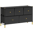 Wide black chest with five faux leather drawers and gold-tone handles