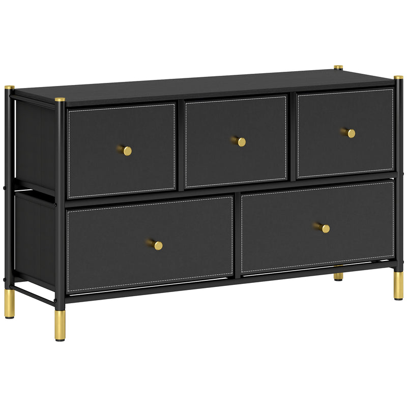 Wide black chest with five faux leather drawers and gold-tone handles