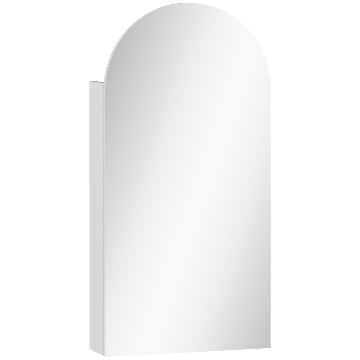 White arched frameless mirror bathroom cabinet with three adjustable glass shelves