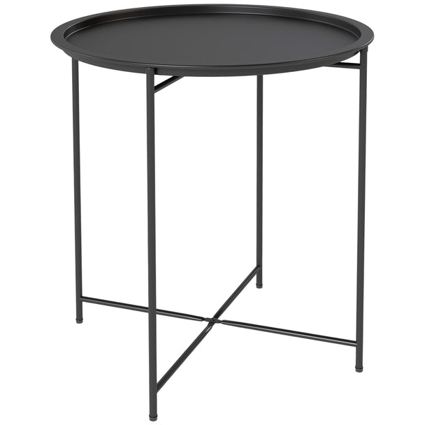 Black round folding steel garden side table with removable tray top