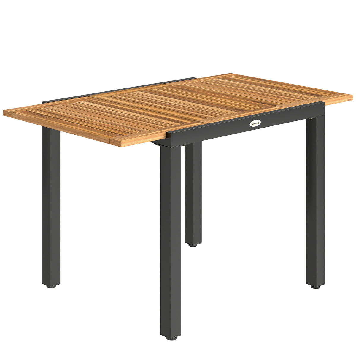 Extending garden dining table with natural acacia wood top and black steel frame