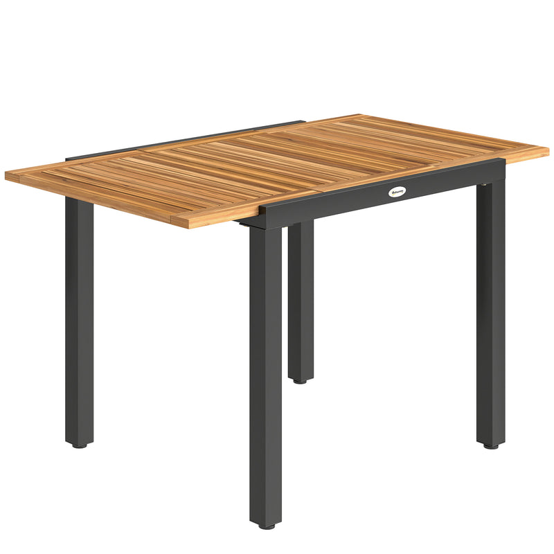 Extending garden dining table with natural acacia wood top and black steel frame