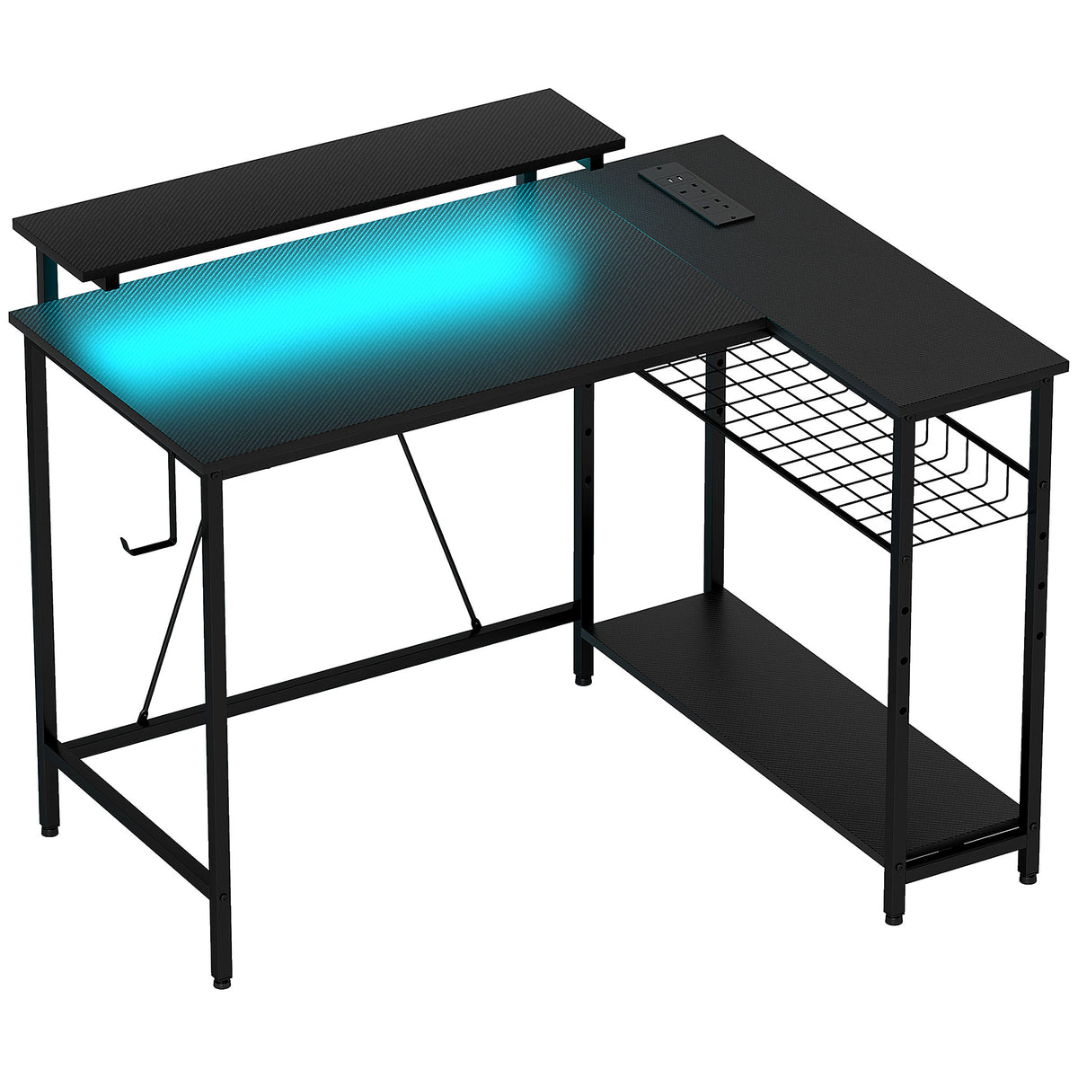Black reversible L-shaped gaming desk with LED light strip, monitor shelf and storage shelves