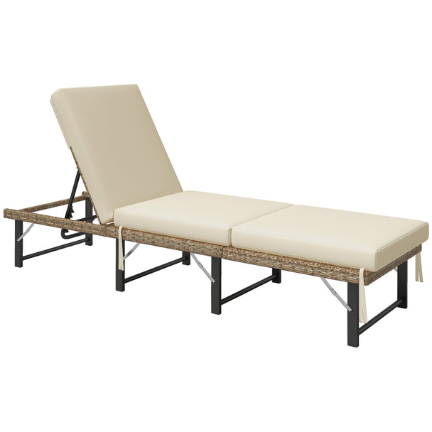 Natural rattan folding sun lounger with cream white cushion and adjustable back
