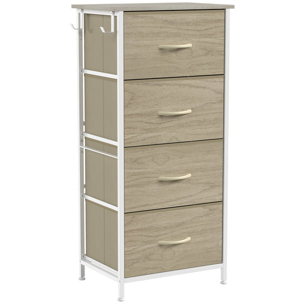 HOMCOM Chest of Drawers, Dresser with 4 Fabric Drawers, Tall Storage Unit with 4 Pockets and 2 Hooks, Steel Frame