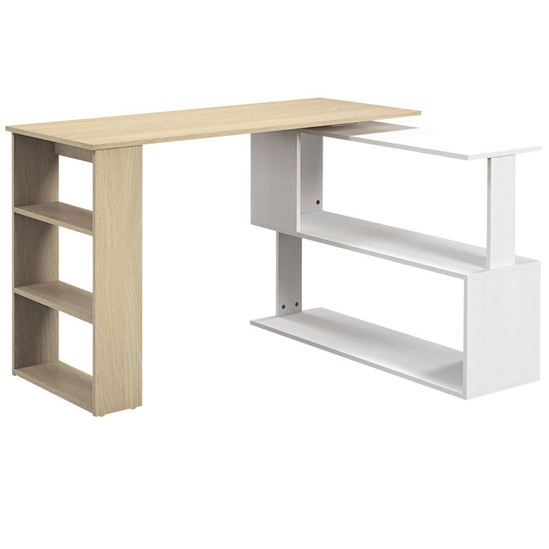 Natural and white L-shaped corner desk with rotating shelving unit