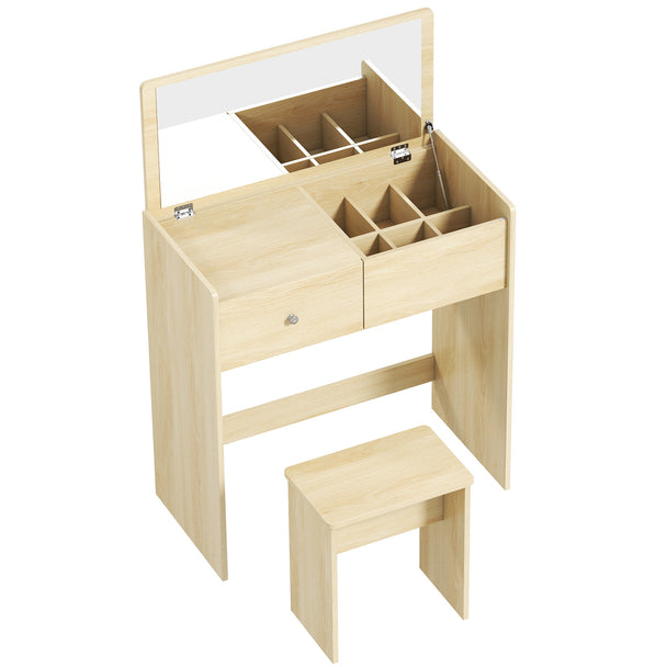 White and oak 2-in-1 dressing table with flip-up mirror, storage compartments and matching stool