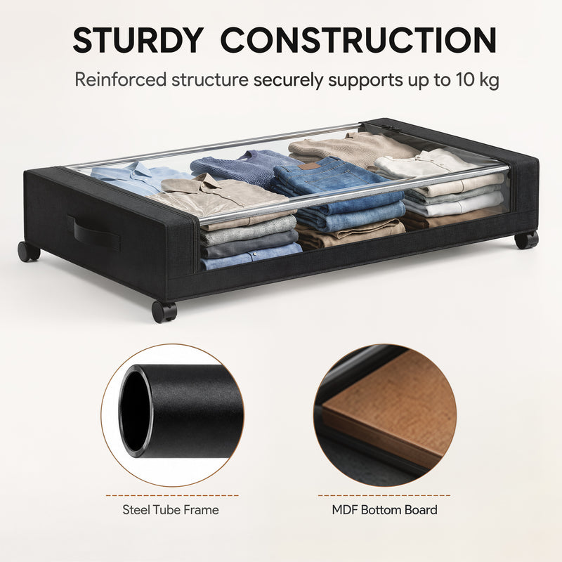 HOMCOM 40L Under Bed Storage On Wheels Pack of 2, Fabric Rolling Under Bed Drawers with Clear Lid, Zip, Steel Frame – view 7