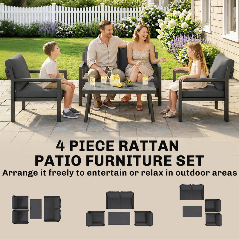 Outsunny 4 Seater Rattan Garden Furniture Set with 2 Armchairs, Loveseat, Coffee Table, Garden Sofa Set with Cushions – view 4