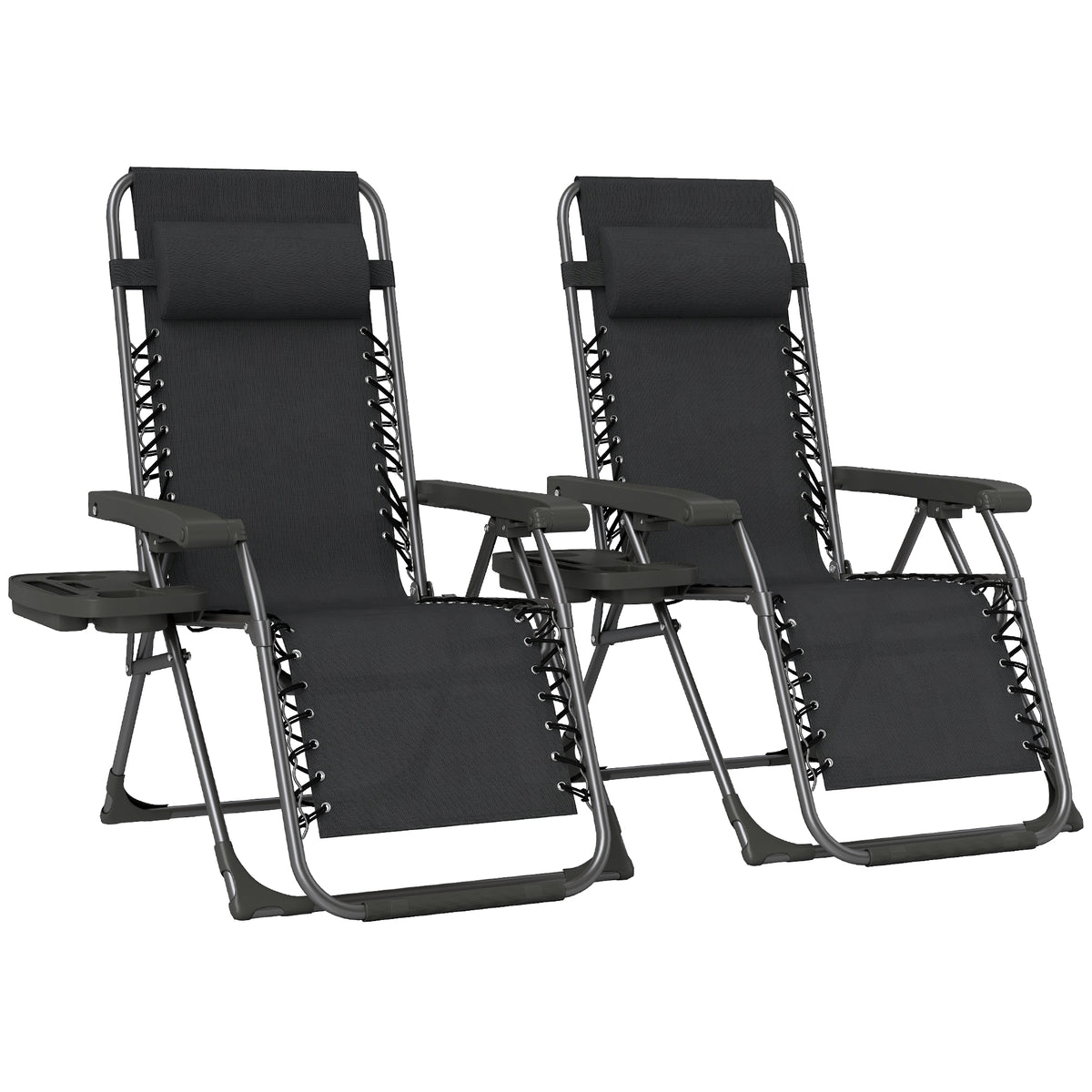 Set of two black folding zero gravity garden chairs with headrests and side trays