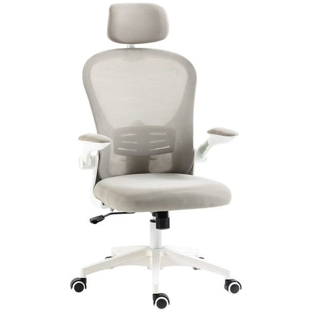 Grey mesh office chair with adjustable headrest, adjustable lumbar support and flip-up armrests