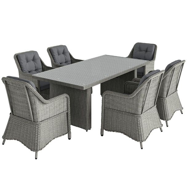 7-piece mixed grey rattan dining set with six cushioned chairs and 200 cm glass table