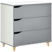 Grey three-drawer chest with cut-out handles and pine wood legs