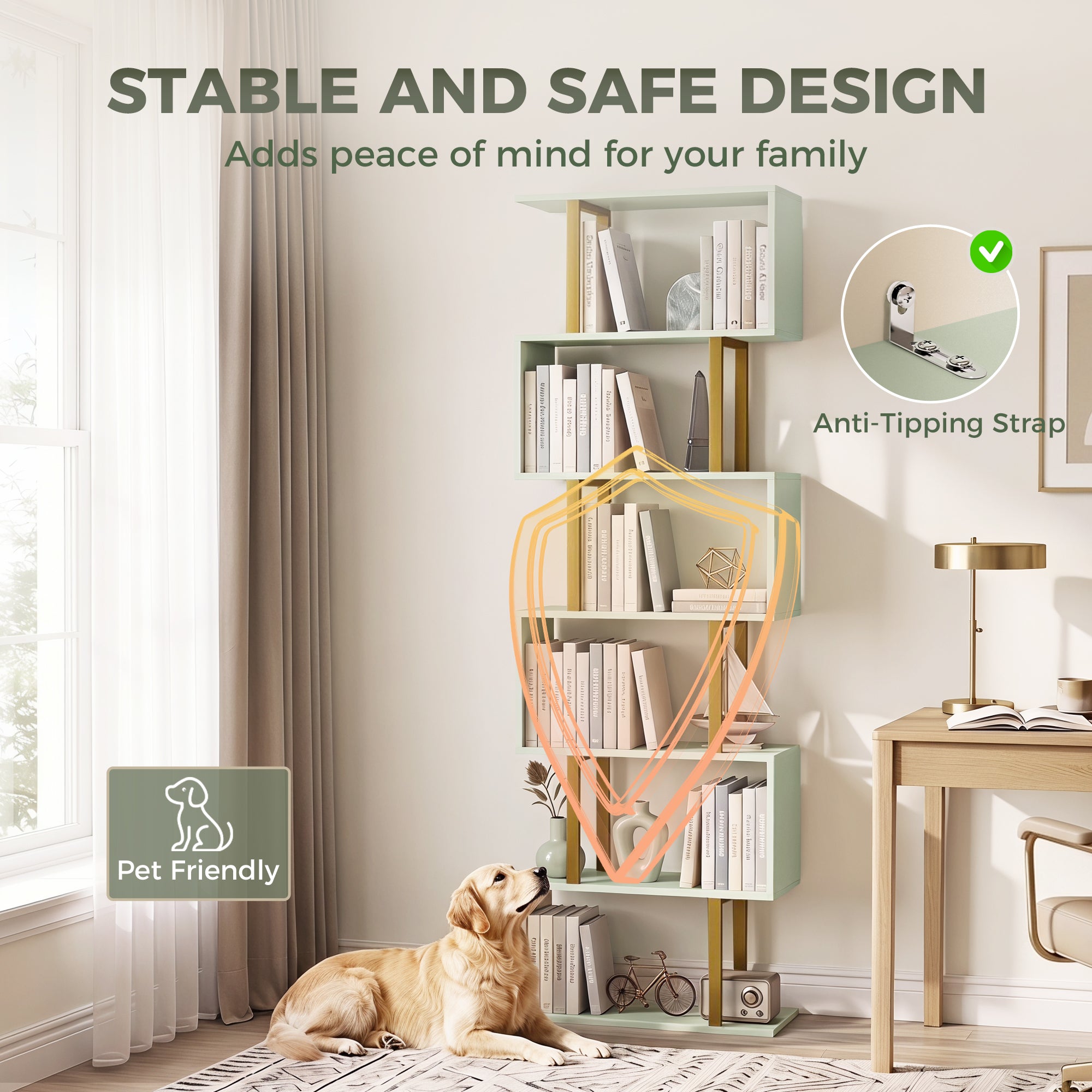 S-Shaped Bookshelf, 6-Tier Bookcase, Freestanding Storage Shelves with Anti-Tip Strap, Light Green