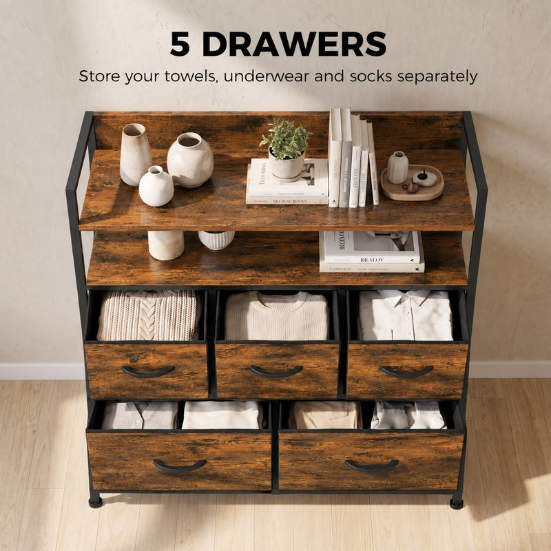 HOMCOM Chest of Drawers, Bedroom Fabric Dresser with 5 Drawers, Storage Organiser Unit with Open Shelves, Rustic Brown – view 4
