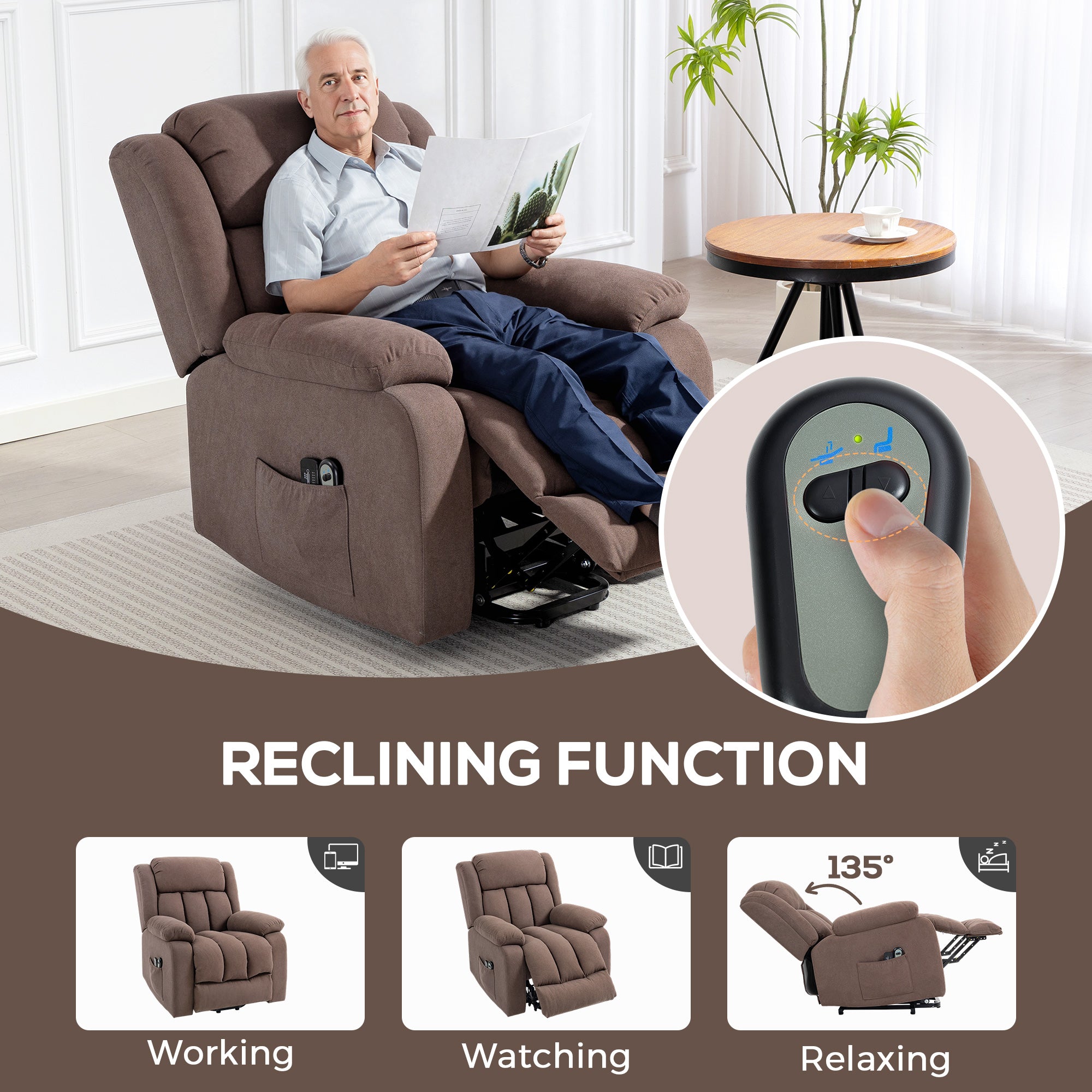 Power Lift Recliner Chair with Vibration Massage, Lift Chair for Elderly with Footrest, Remote, Side Pocket, Dark Brown