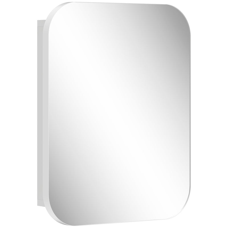 White wall-mounted bathroom mirror cabinet with arc-corner mirror door, adjustable shelves and soft-close hinges