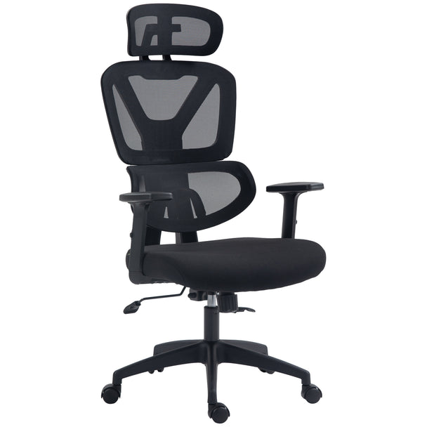 Black high back mesh office chair with adjustable headrest, lumbar support and swivel wheels