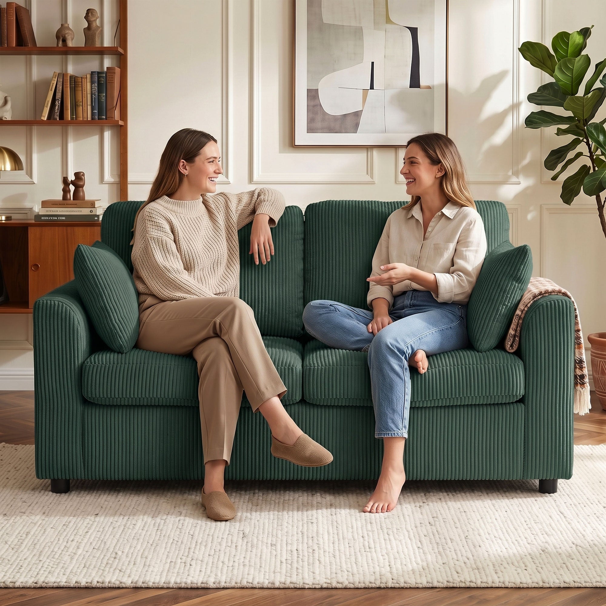 2 Seater Sofa, Corduroy Small Couch with Spring Cushion, Wide and Deep Seat, Dark Green