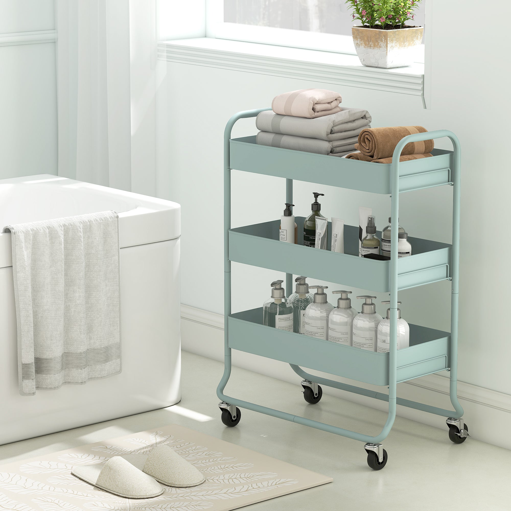 HOMCOM 3-Tier Storage Trolley on Wheels with Mesh Baskets - Light Green