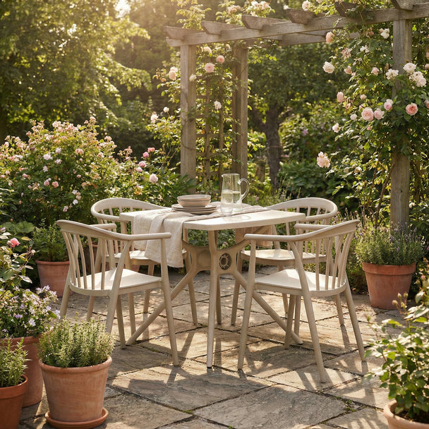 Echo putty grey chairs around a table on a garden terrace