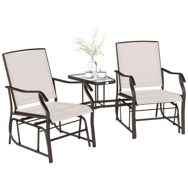 Brown steel gliding tête-à-tête seat with beige mesh chairs and a glass-top middle table