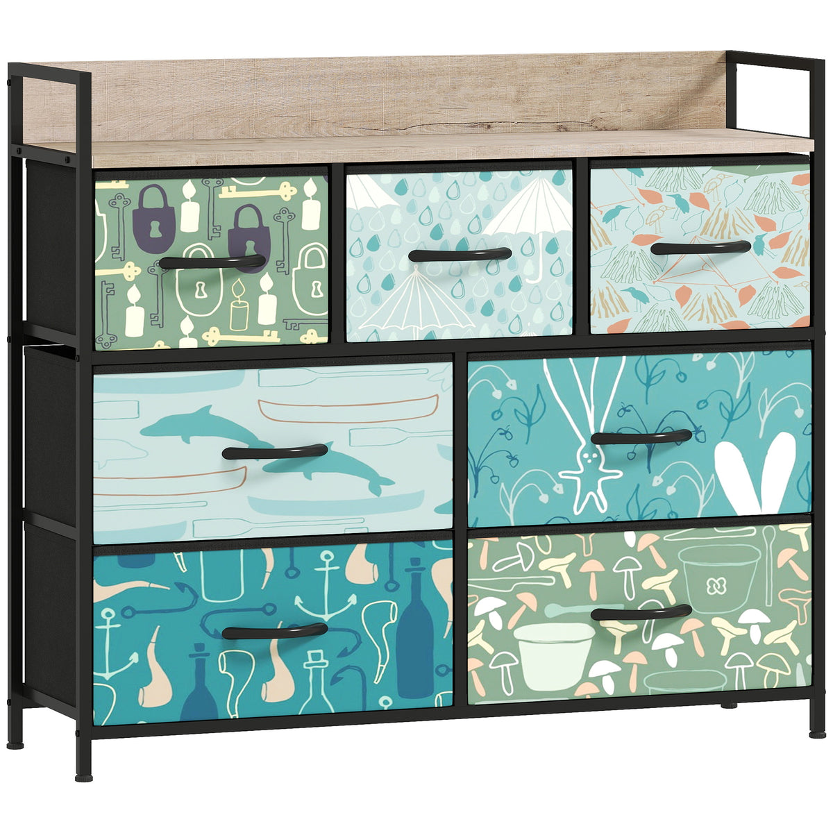 Blue wide 7-drawer fabric chest of drawers with patterned drawer fronts and wood-effect top