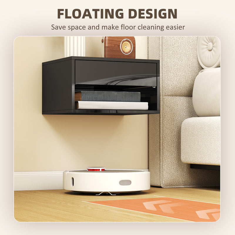 HOMCOM Floating Bedside Tables Set of 2, Wall Mounted Nightstand, High Gloss Black – view 5