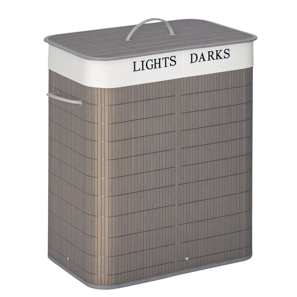 Grey 100L two-section bamboo laundry basket with lid and rope handles
