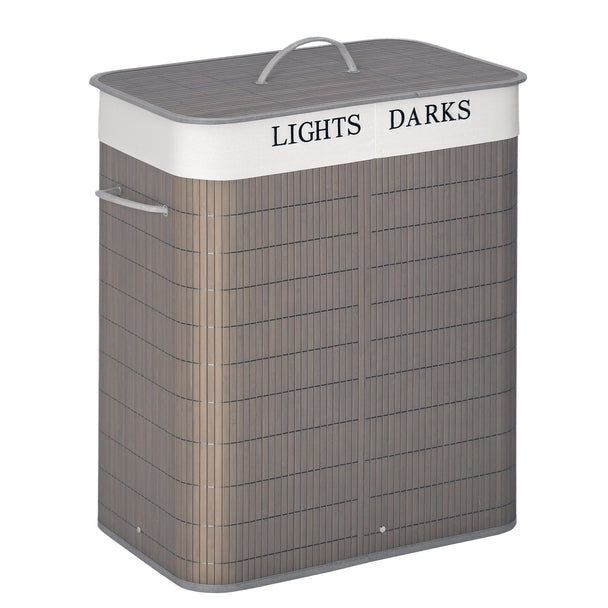 Grey 100L two-section bamboo laundry basket with lid and rope handles