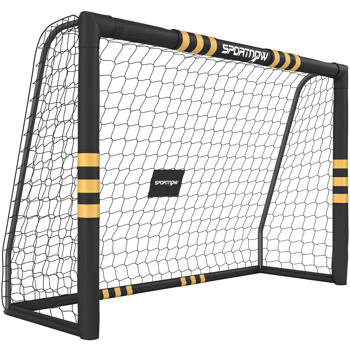 Yellow and black 8 x 5ft football goal with foam-padded metal frame and PE net