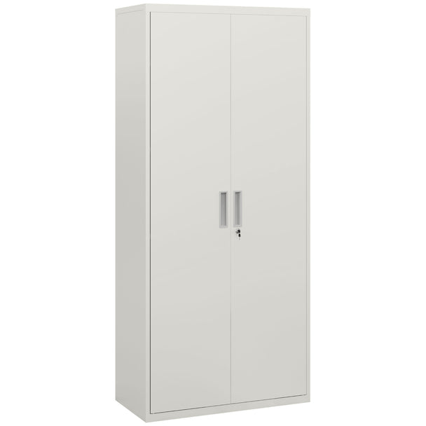 Tall white lockable steel office cabinet with two doors and five shelves