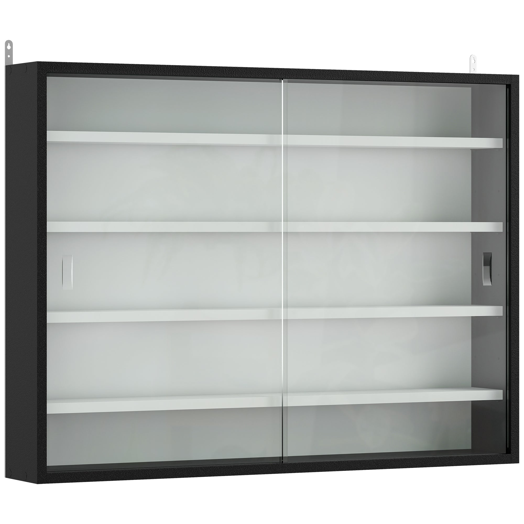 5-Tier Wall Display Cabinet,  Wall Mounted Display Case w/ 4 Adjustable Shelves, Glass Doors, 60x80cm, Black and White