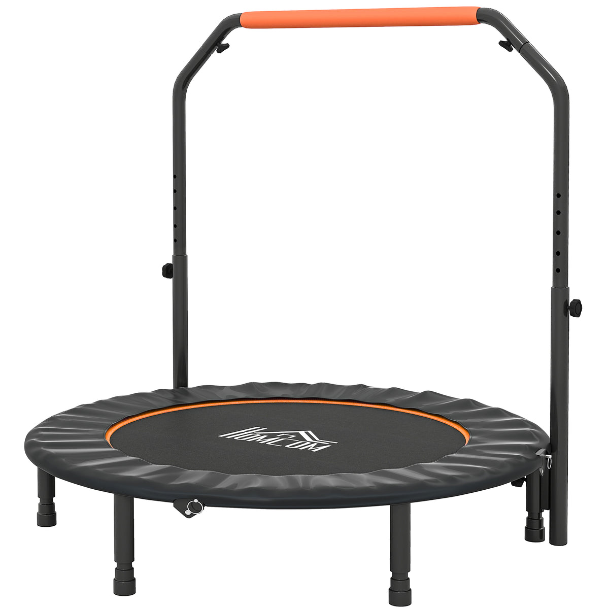 Orange 48-inch foldable mini fitness trampoline with adjustable foam-padded handlebar and six legs