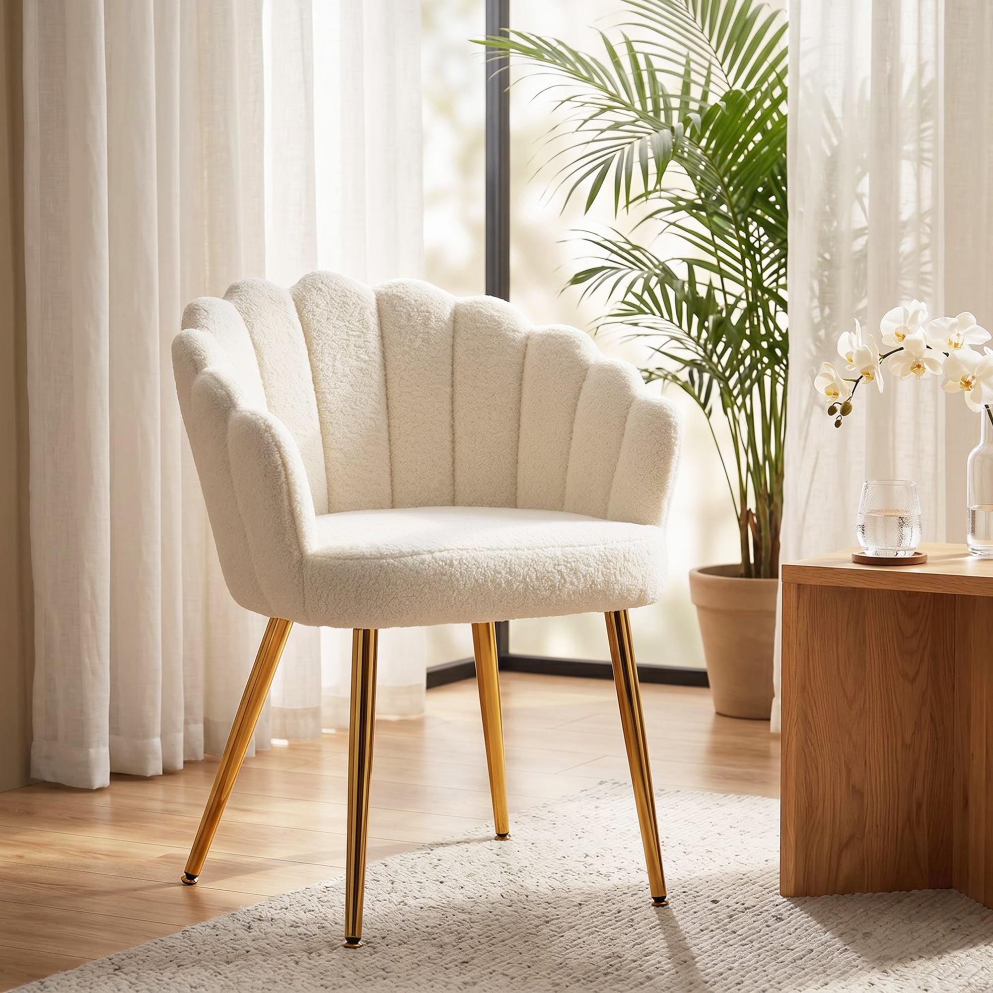 Lounge Chair Petal-Back Armchair Metal Metal Legs for Living Room Bedroom Cream