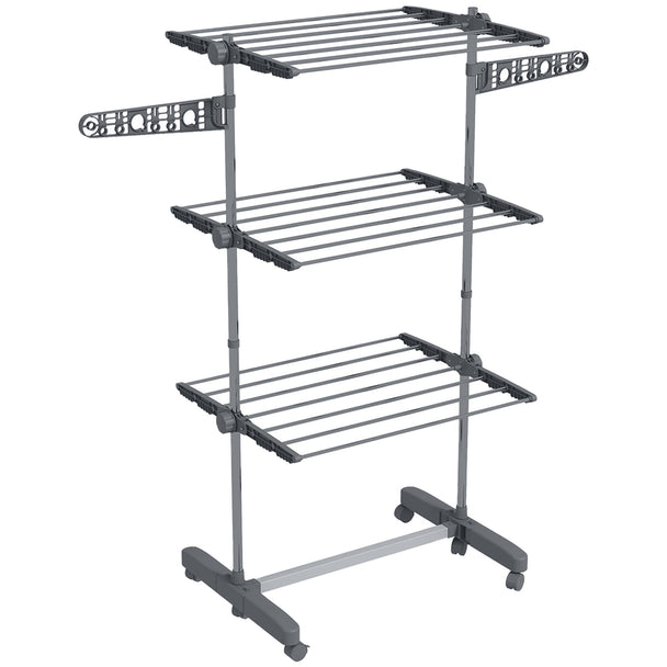 Grey 3-tier folding clothes airer with two side wings and six wheels
