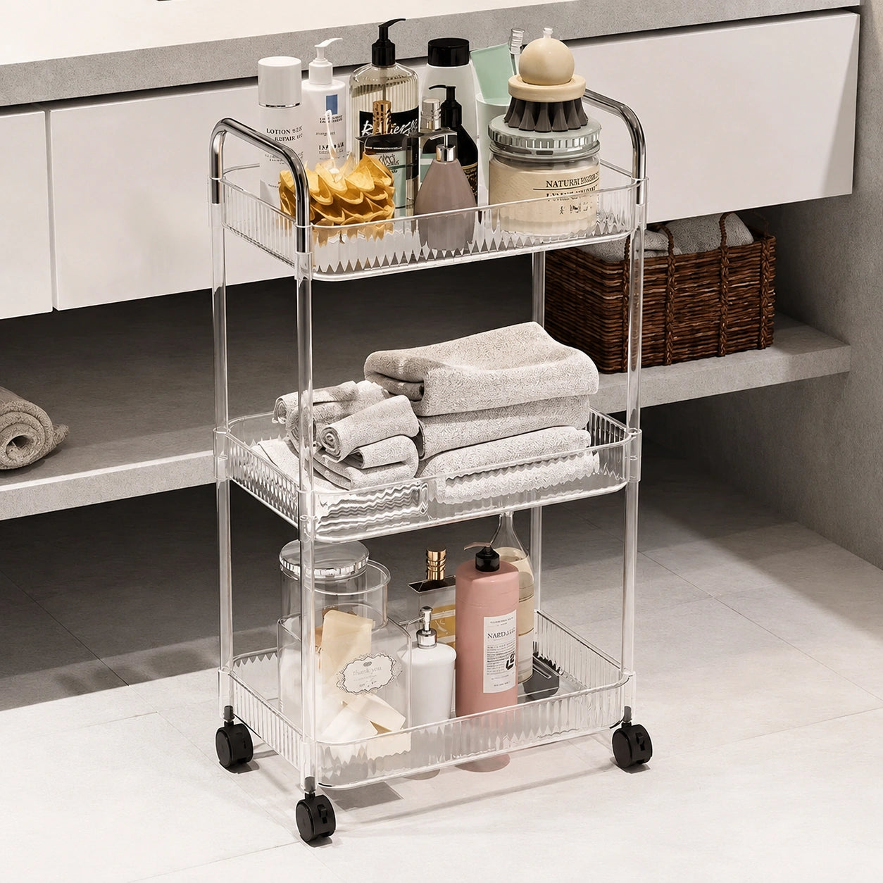 2, 3 or 4-Tier Storage Trolley on Wheels with Acrylic Shelves