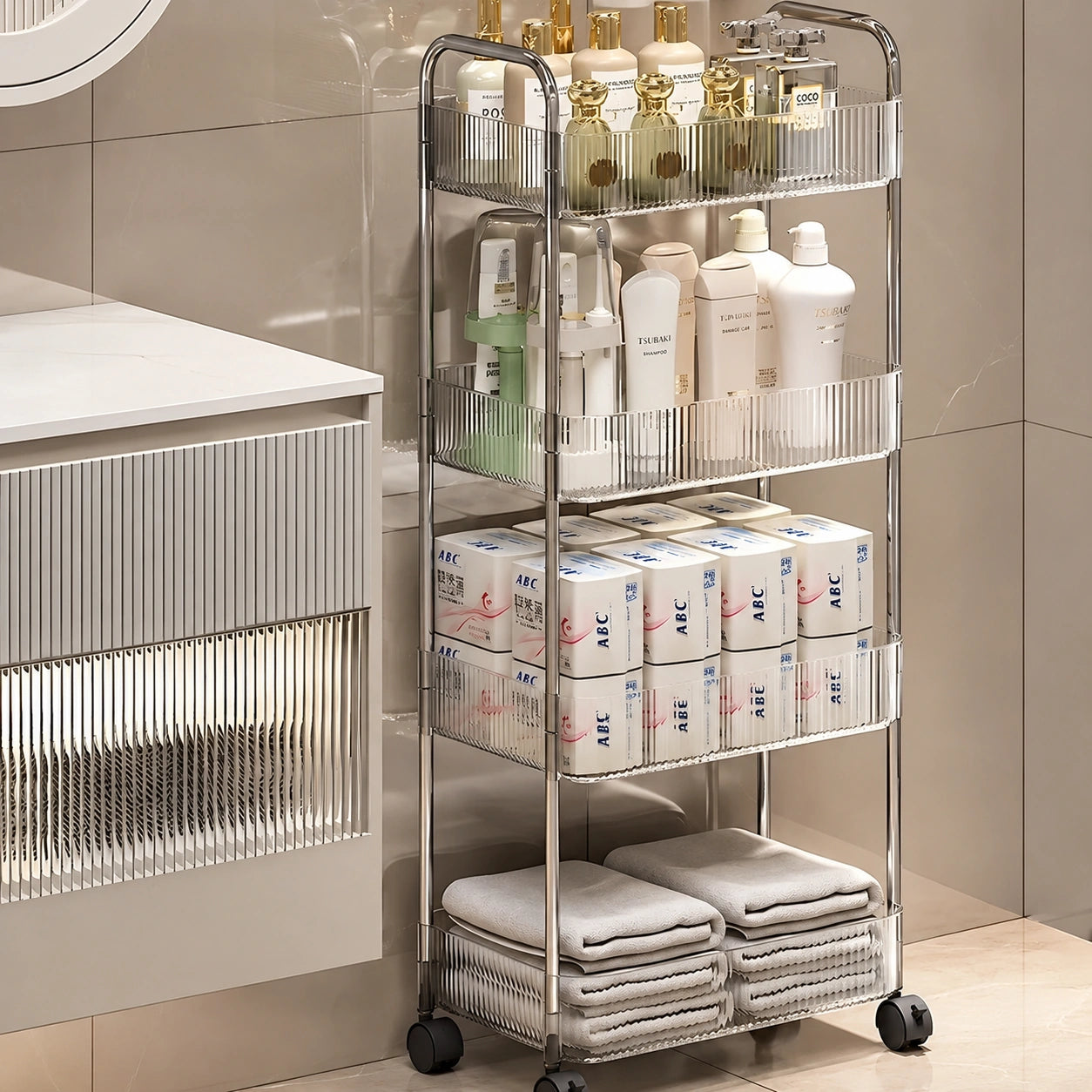 2, 3 or 4-Tier Storage Trolley on Wheels with Acrylic Shelves