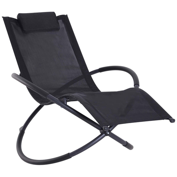 Black folding zero gravity orbital lounger with steel frame and head pillow