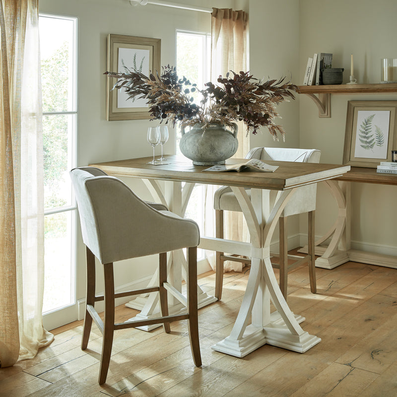 Light grey bar stool at a high dining table