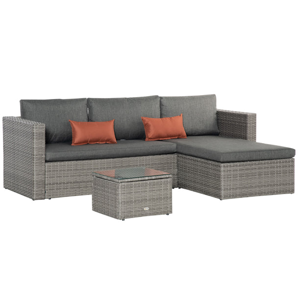 Grey 3-piece rattan sofa set with double corner sofa, chaise lounge and glass-top coffee table