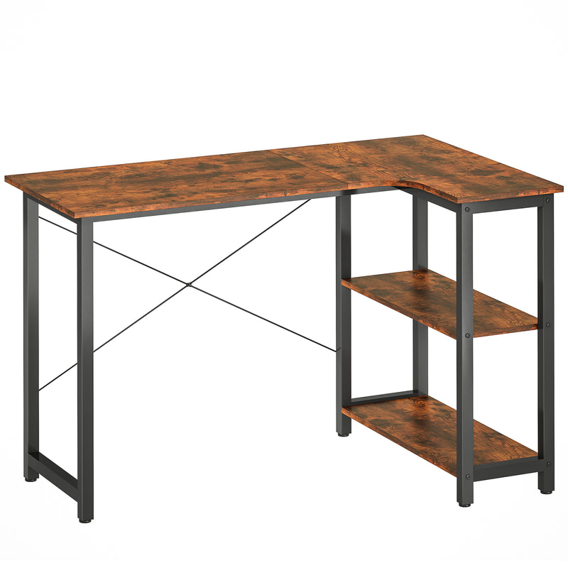 Rustic brown L-shaped corner desk with black steel frame and two side shelves