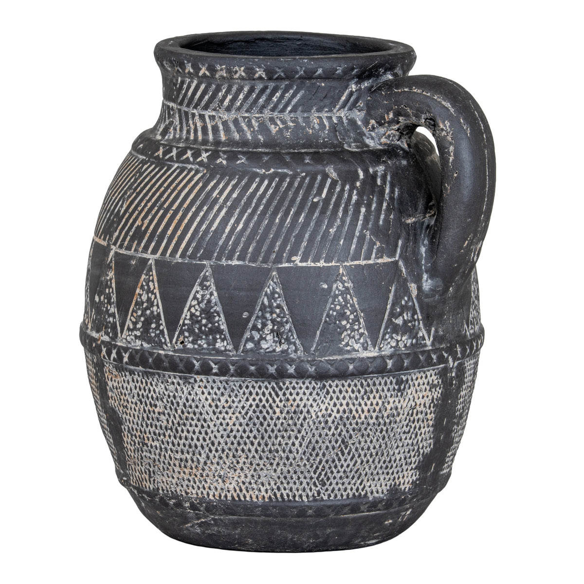 Etched black ceramic jug, front view