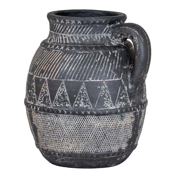 Etched black ceramic jug, front view