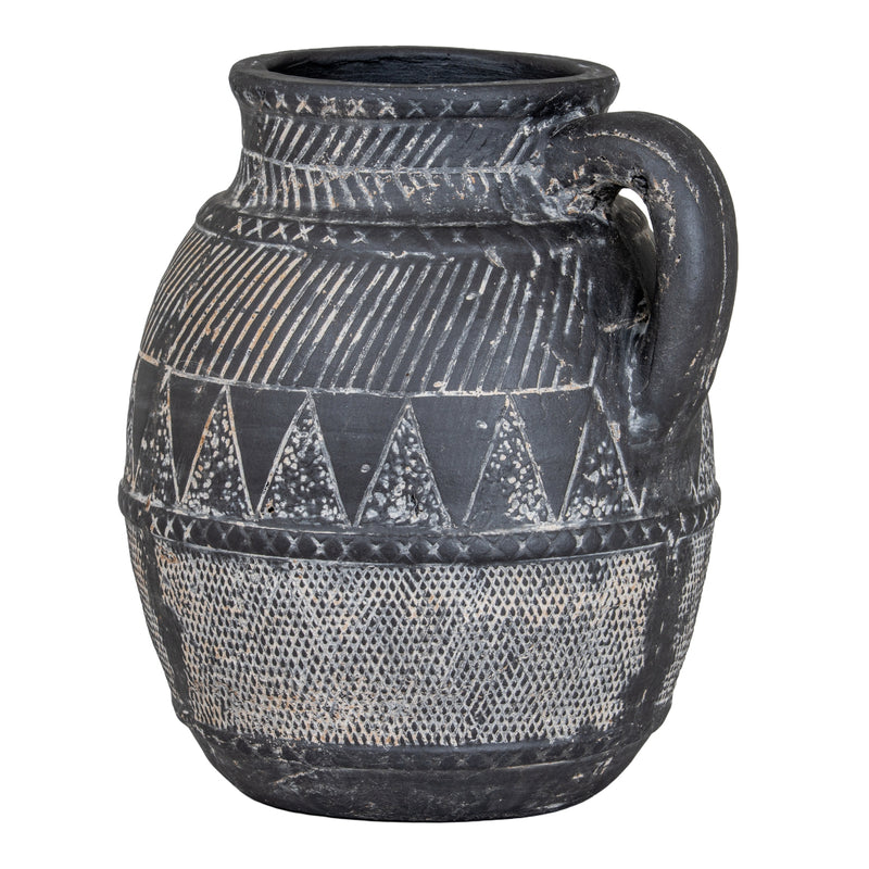 Etched black ceramic jug, front view