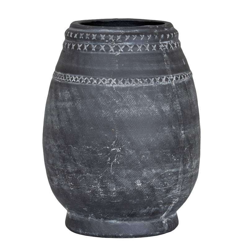 Etched charcoal black distressed ceramic vase, front view