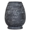 Etched tall charcoal black distressed ceramic vase, front view